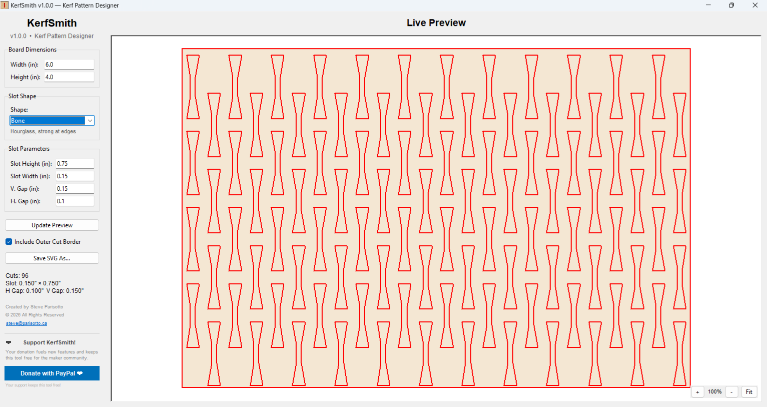KerfSmith app screenshot showing a kerf bending pattern preview with Ellipse slots on a plywood board